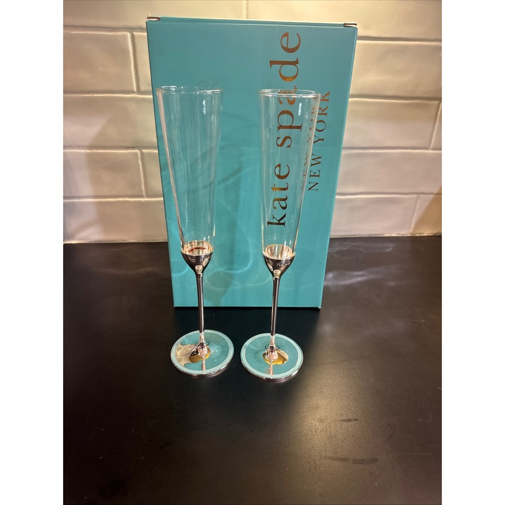 Kate Spade Toasting Flute Pair Wedding 6oz Turquoise Silver Take The Cake